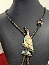 Vintage Zuni Bird Inlay Bolo tie Turquoise Coral Shell Jet Native Sterling
