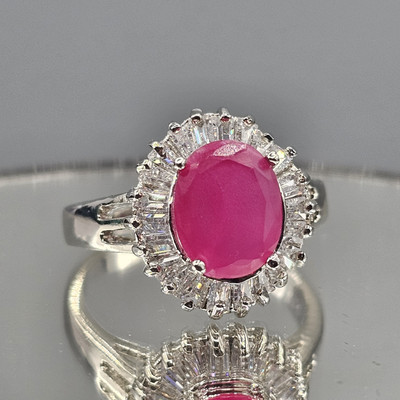 Lab Created Rosa Rubin Cocktail Ring CZ Halo Sterlingsilber Größe 8,5