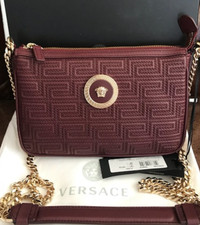 Versace Medusa Pattern Burgundy Leather Gold Chain Crossbody