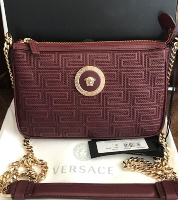 Versace Medusa Pattern Burgundy Leather Gold Chain Crossbody