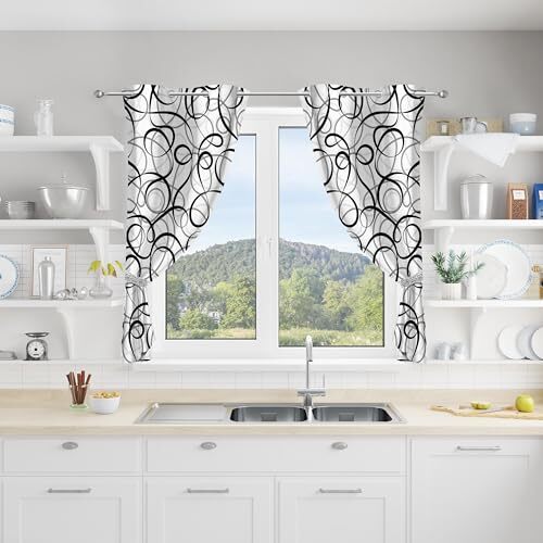 Black Grey White Kitchen Curtains 2 Panels Sets 26X36 Inches Black&grey&white - Picture 4 of 7
