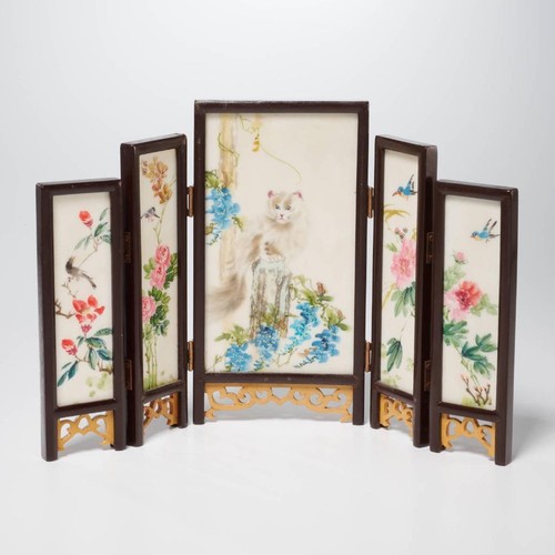 Chinese Vintage Silk Embroidery Hand Painted Wooden Crane Cat Folding Screen Lot - Picture 5 of 8