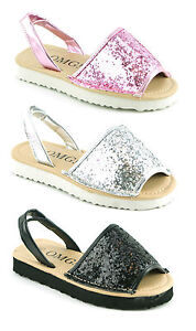 KIDS INFANTS MENORCAN SLING BACK PEEP TOE FLIP FLOP GLITTER SANDALS SHOES SIZE