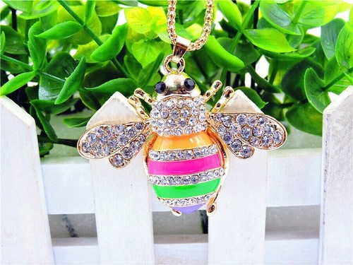 Betsey Johnson Crystal Rainbow Bee Gold Pendant Chain Necklace Free Gift Bag - Picture 3 of 3