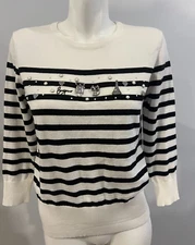 Karl Lagerfeld Small Women White Black striped Top Sweater W Pins New NWT