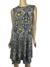 Tahari Size M Jersey Tent Dress Black w White & Gold Design Sleeveless Polyester