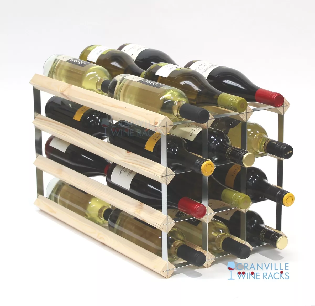 Double depth 24 bottle pine wood and metal wine rack ready to use