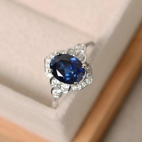 Anillo de San Valentín de diamantes y zafiros naturales de 1,60 quilates de oro blanco real de 14 quilates TODOS - Imagen 2 de 5