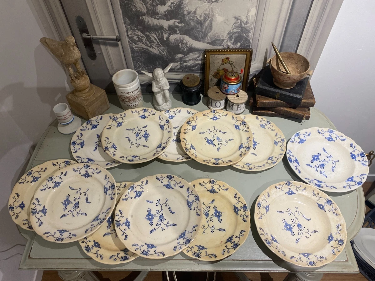 6 assiettes à dessert anciennes faïence Belge Nimy motif rouge | Selency