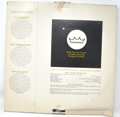 REMO 16" Vintage WEATHER KING Ambassador BATTER DRUM Head Clear 60's NOS Clear - Picture 2 of 4