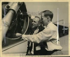 1935 Press Photo James Prosser and Gilbert Stoll check plane "Clevelander."