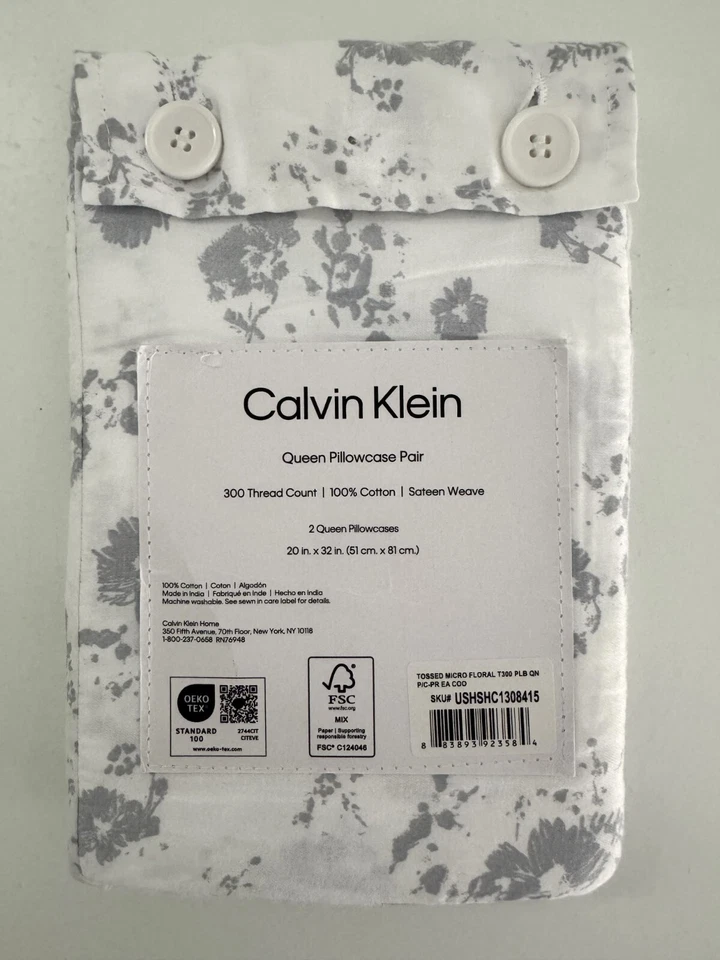 Nuevo en Paquete Fundas de Almohada Estándar Calvin Klein Queen 2 Piezas 100% Algodón Tejido Satén Gris Foto 2 de 3