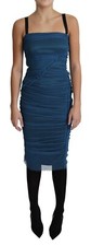 DOLCE & GABBANA Dress Blue Draped Tulle Midi Sheath Cotton IT36/US2/XS  $2800