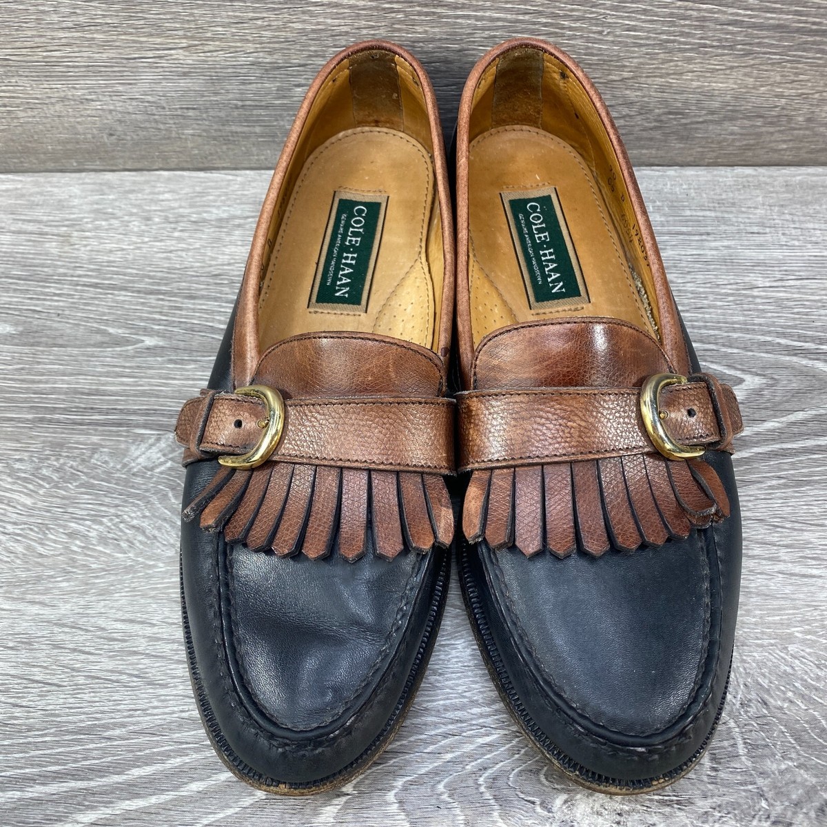 Cole Haan Kiltie Kilted Buckle Loafers Brown Over Black 