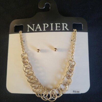 Vtg Napier Silver Tone Double Row Linked Loop Necklace and Earrings New on Card