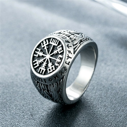 Mens Viking Stainless Steel Ring Runes Compass Adjustable Ring Nordic Jewelry - Picture 18 of 28