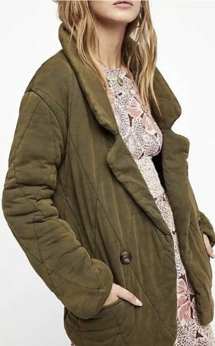 Free People Tawny Puffer Pillow Quilted Olive Green Jacket Blazer M