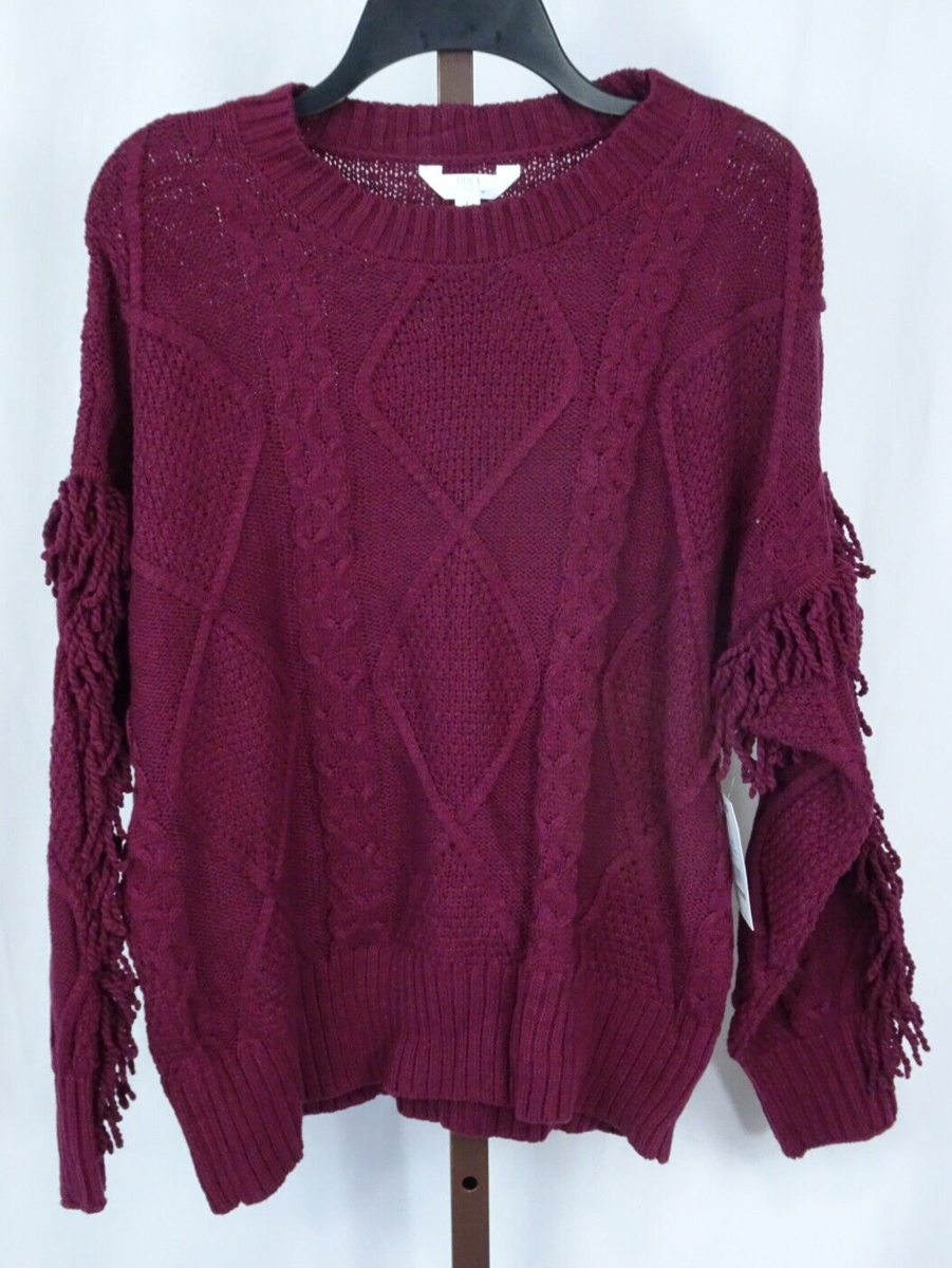 Womens Ladies Burgundy Long Sleeve Fringe Pullover Sweater Size 12-14 Large  NEW