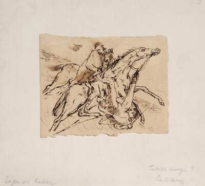 Eugen von Kahler, Battle of Horsemen, Pen Drawing, signed, titled and medium lab