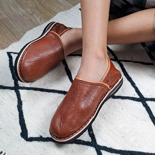 Babouches En Cuir Bout Rond Pour Femme - Confort & Élégance Artisanale (Noir, Bleu, Marron, Camel, Rouge)