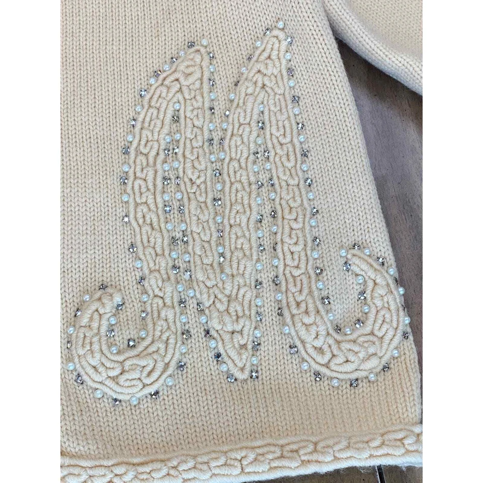 Cárdigan tejido lana crema I Magnin vintage años 50 pedrería "M" COMO NUEVO Foto 3 de 4
