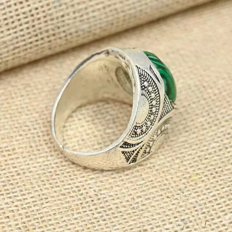 Beautiful 925 Silver Malachite Gemstone Handmade Men's Dainty Ring All Size  D99 - Image 3 of 4