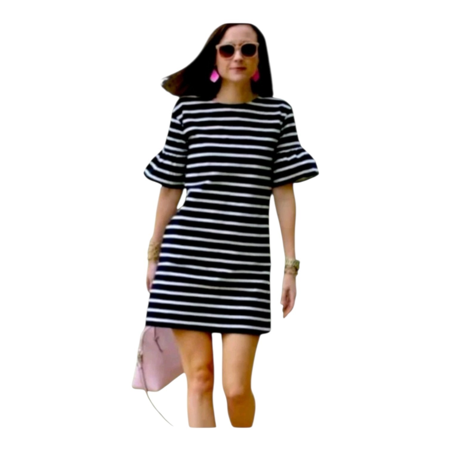 J Crew Womens Black White Striped Cotton Ruffle Half Bell Sleeve Dress XS