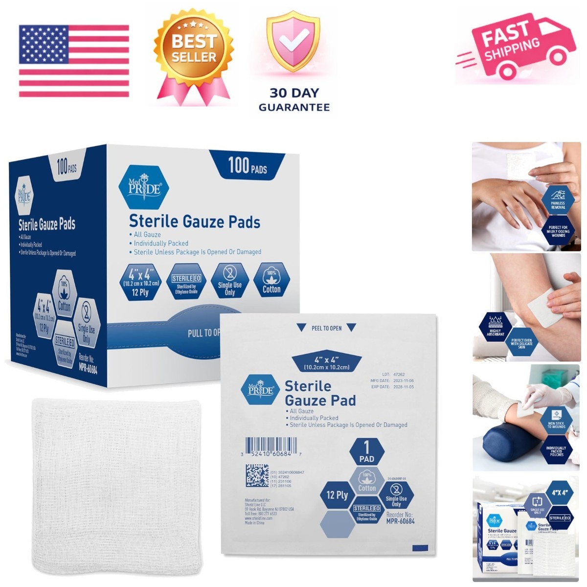 cotton gauze dressing pad Sterile 4x4 Inch Pads, 12-Ply for Efficient Wound Care Pack of 100 Color:Heathered Indigo Ebay front-pockets Her Universe The Nightmare