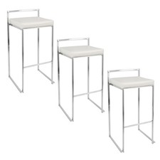 Fuji 30" Contemporary Stackable Barstool in Stainless Steel with White Faux Le