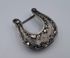 Vintage Mexico Sterling Silver Abalone Shell Inlay Horseshoe Belt Buckle Signed