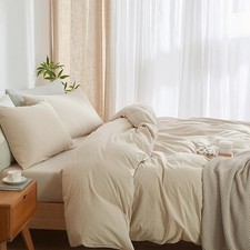 Striped Duvet Cover Set Full Size 3 Pcs 100 Washed Cotton Khaki Pinstripes