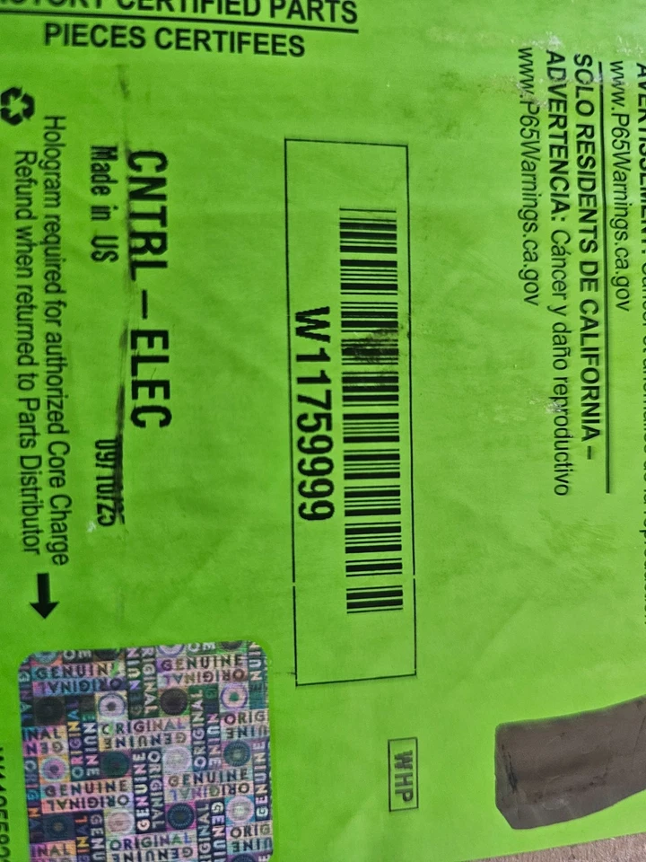 Brand New WHIRLPOOL REFRIGERATOR CONTROL PART # W11759999 - Image 2 of 3