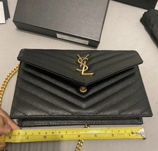 Saint Laurent YSL Mono Envelope Chain Wallet Bag Black Gold Leather Authentic
