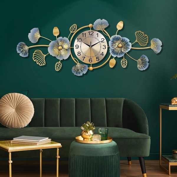 Wanduhr Gold Metall 95X36Cm Lautlos Modern Ginkgo Biloba Deko Wohnzimmer KüChe-image