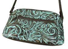 Patricia Nash Tooled Turquoise Leather Crossbody Shoulder Bag Adjustable Strap