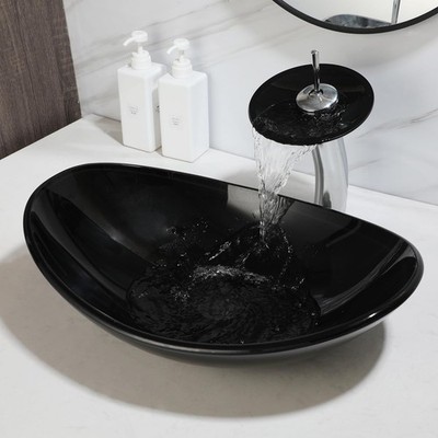 Black Oval Tempered Glass Vessel Sink & Chrome Waterfall Faucet Combo Set