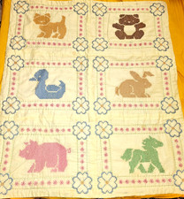 VTG Handmade Baby Quilt Animals Hand Stitched Cross Stitch Nursery Pastel Yellow