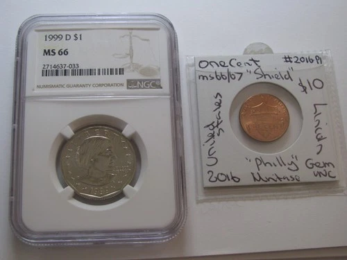 1999 Dollar D Susan Anthony GEM UNC Coin MS66 NGC plus 2016 Shield Cent GEM USA