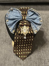 Denim Pointed Bow Tie Black Gold Blue Geometr...