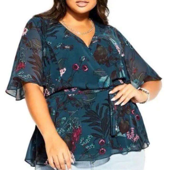 City Chic Teal Floral Blouse XXL 24 Surplice Botanical Short Sleeve Womens Plus