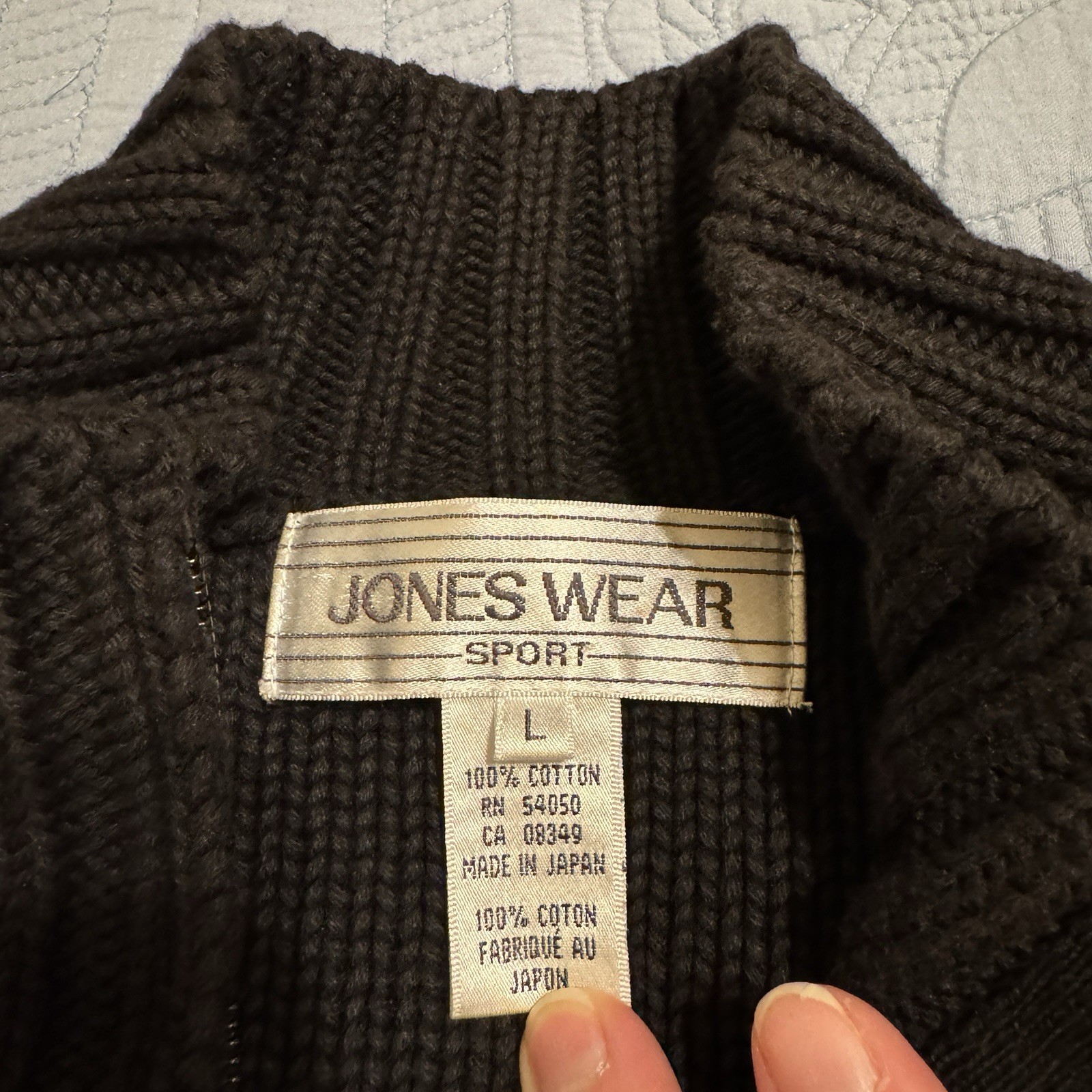 Jones Wear Sport Black Full Zip Sweater Size Large 100% Cotton Made In Japan