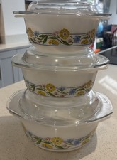 3 x Vintage Pyrex Arcuisine Arcopol Summer Meadow Milk Glass Oven Dishes + Lids