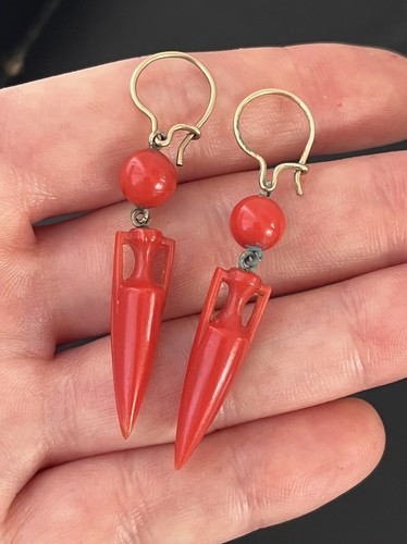 US Ship Only - Stunning Antique Victorian Genuine Carved Red Coral Urn Earrings
