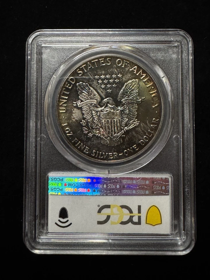 1987 American Silver Eagle $1 PCGS MS 66 lindamente tonificado - Imagem 3 de 4