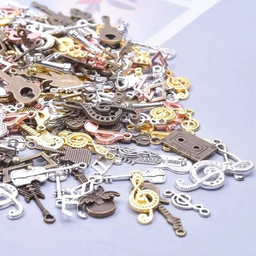 50pcs vintage music charms with guitar, violin, and microphone for DIY jewelry. - Picture 3 of 7