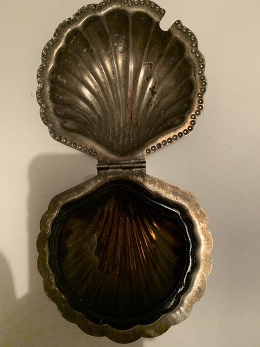 Vtg Silver Plated Leonard Clamshell Condiment Dish Amber Glass Insert No Knife - Picture 2 of 5