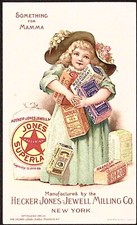 1893 HECKERS' BAKERY GOODS TRADE CARD, "MAUD HUMPHREY" GIRL & 8 PRODUCTS
