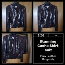 Stunning Cache women's Skirt Suit faux Leather size 6 Burgundy zipper Mini HQ