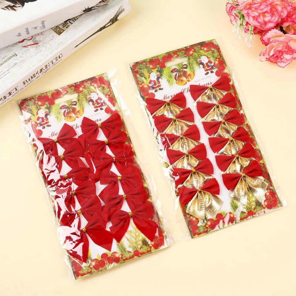 MEENA 2x Packs of Gold and Red Satin Bows Mini Xmas Decoration Favour Craft