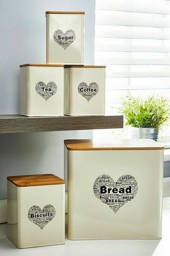 Cream Heart Design Tea Coffee Sugar Bread Biscuit Bin Set 